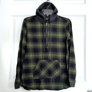 EMPYRE ZUMIEZ 1/4 Zip Yellow Dark Grey Hood Plaid Flannel Sweater Size Small EUC